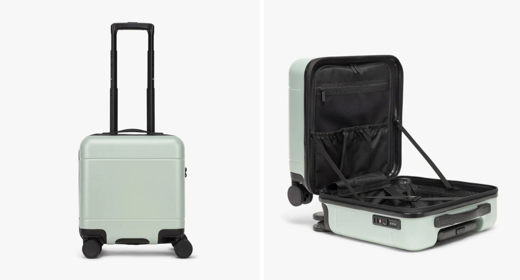 Two views of the CALPAK Hue Mini Carry-On Luggage in jade green
