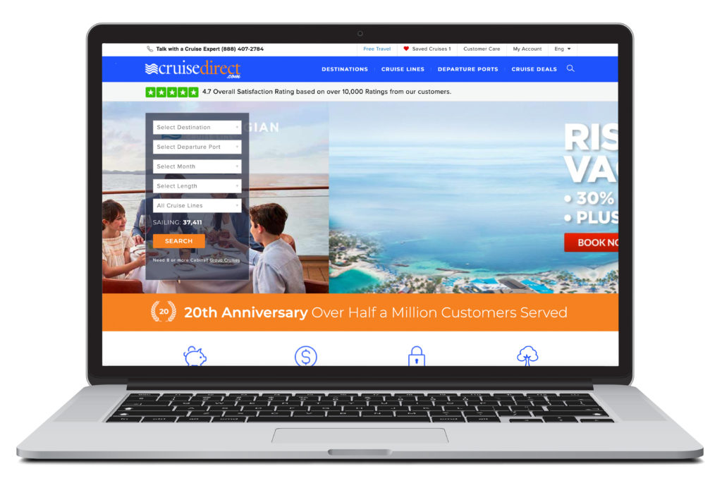 Laptop showing the cruise search homepage of CruiseDirect