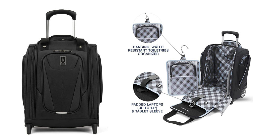 The Maxlite5 Rolling Underseat Carry-On in black (left) and a diagram breaking down the features of the Maxlite5 Rolling Underseat Carry-On (right)