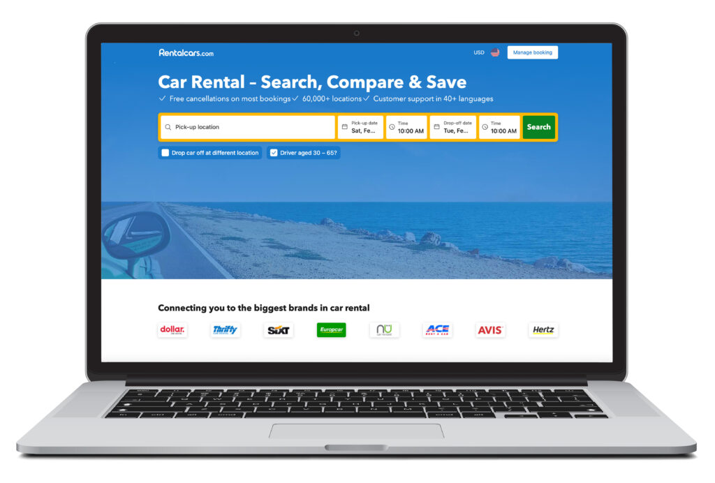 Illustration of laptop showing the car rental homepage of Rentalcars.com