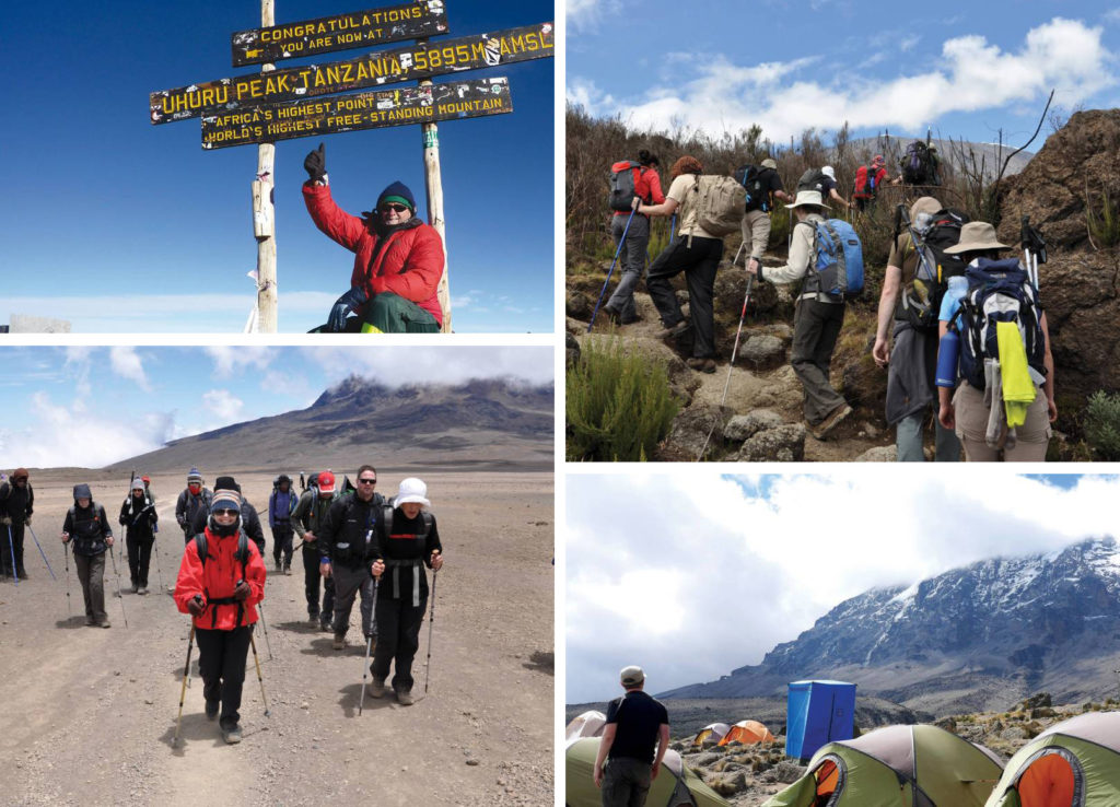 Groups of hikers walking and camping around the mountains of Kilimanjaro with World Expeditions