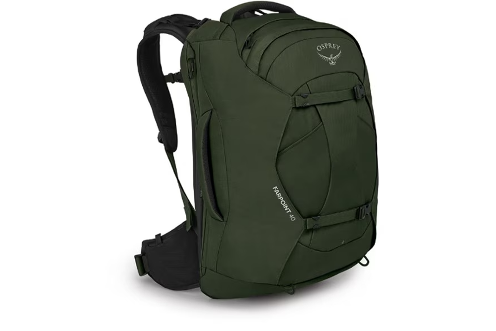 Best Backpack for Adventurers - Osprey Farpoint 40 ($185) on white background