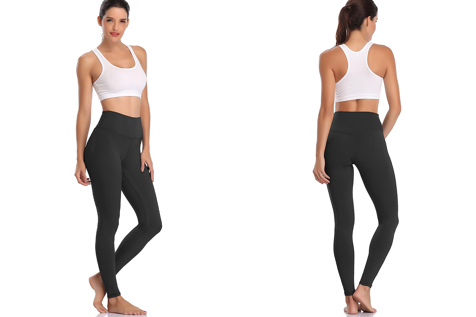 Female in white top modeling Colorfulkoala Women's Buttery Soft High-Waisted Yoga Pants in black front and back.