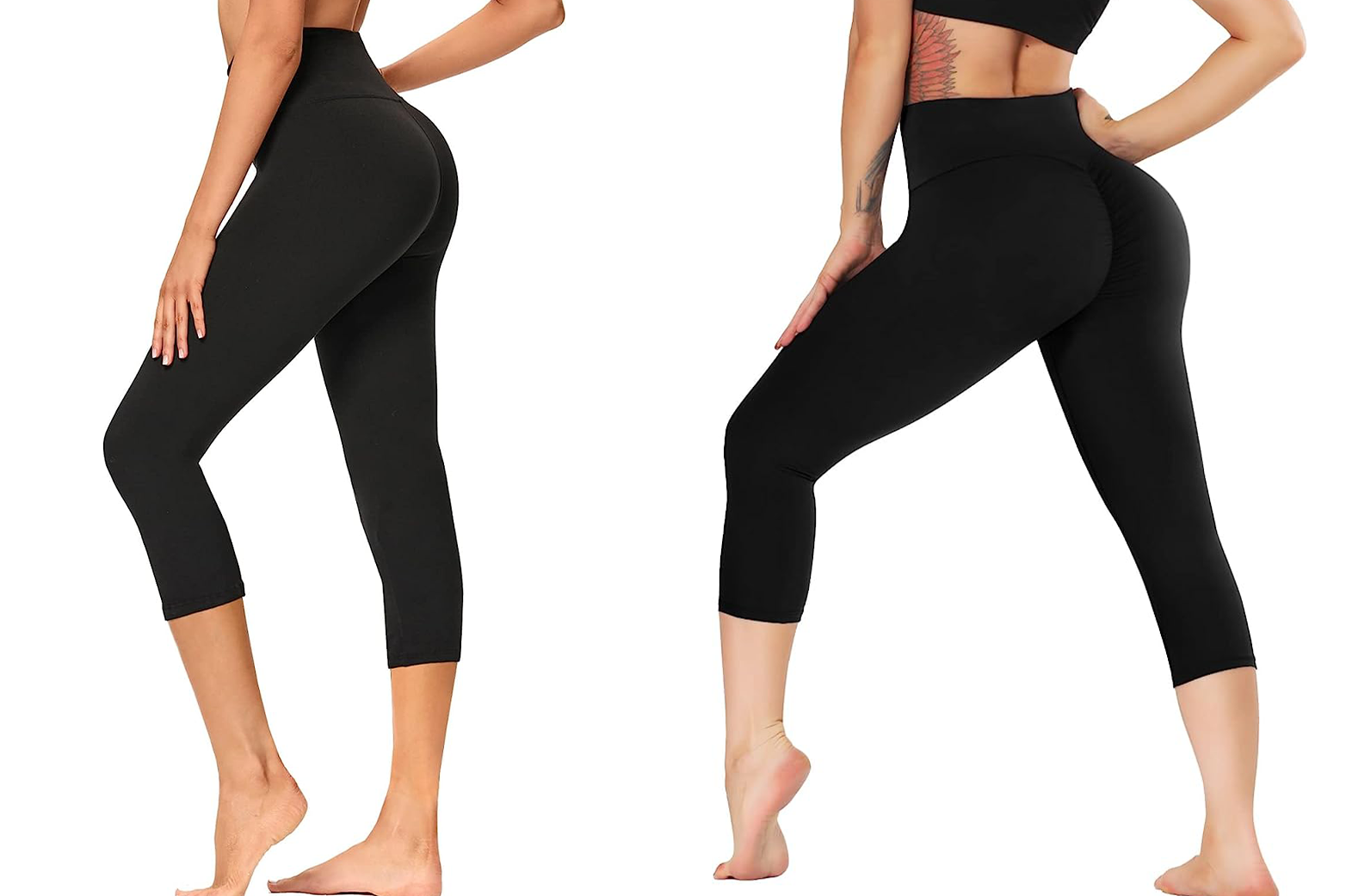 Female in black top modeling GAYHAY High Waisted Capri Leggings for Women in black from the side and the back