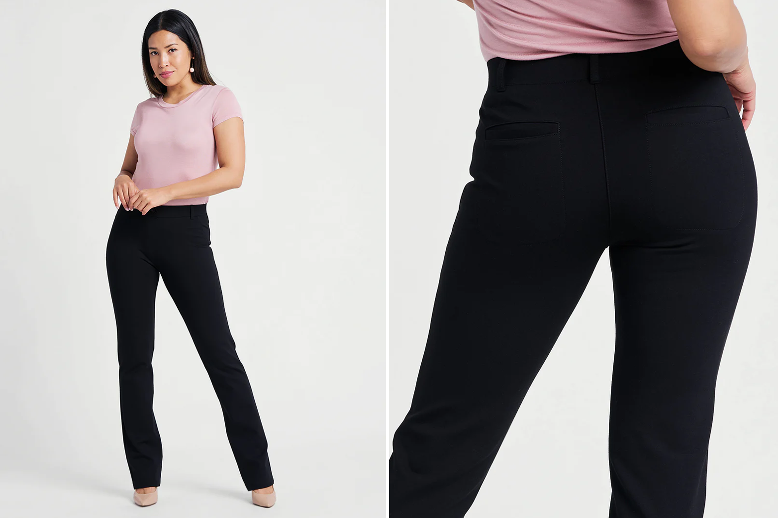 Female in pink top modeling black Betabrand Dress Pant Yoga Pants front and back