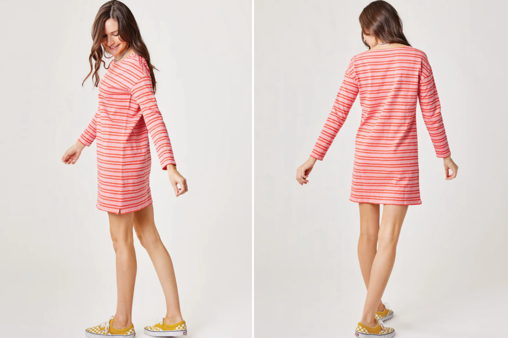 Female modeling red and pink stripped dress