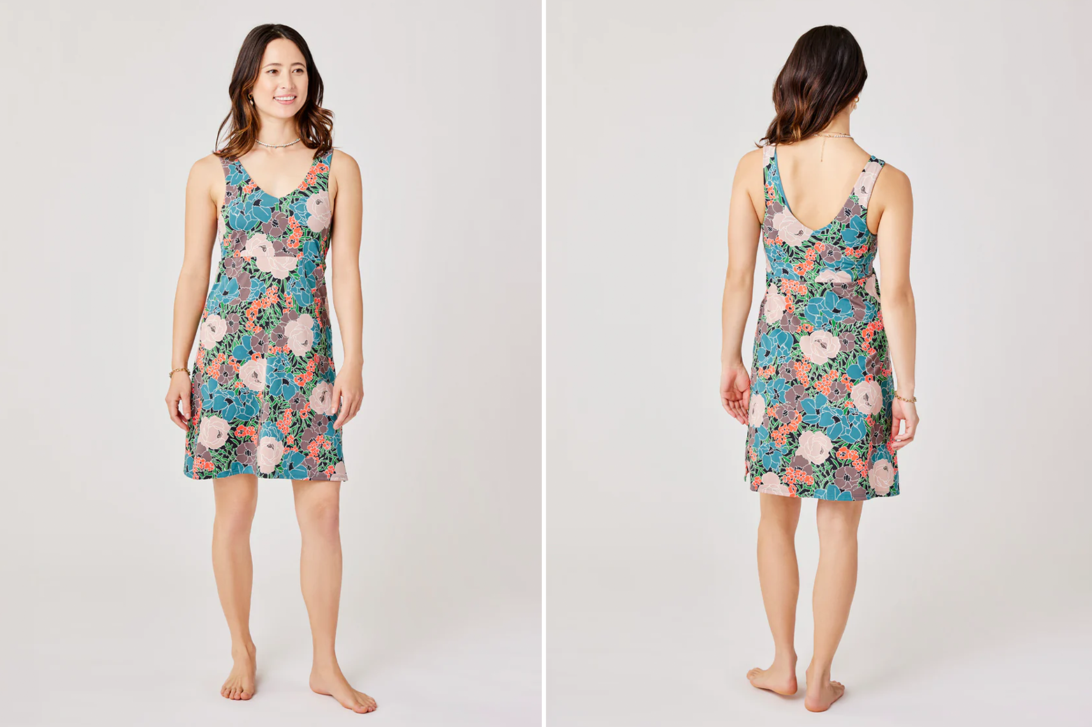 Female modeling a multi colored floral dress front and back