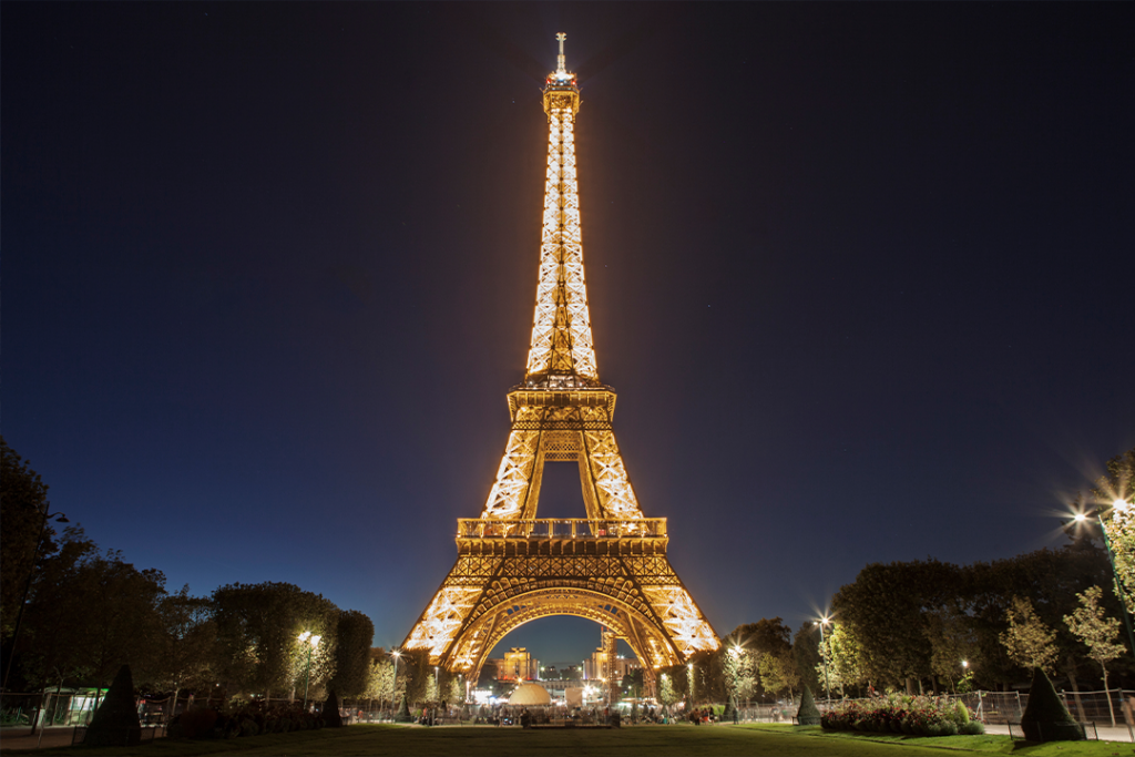 Evening illumination of the Eiffel Tower in Paris. September 15, 2020.