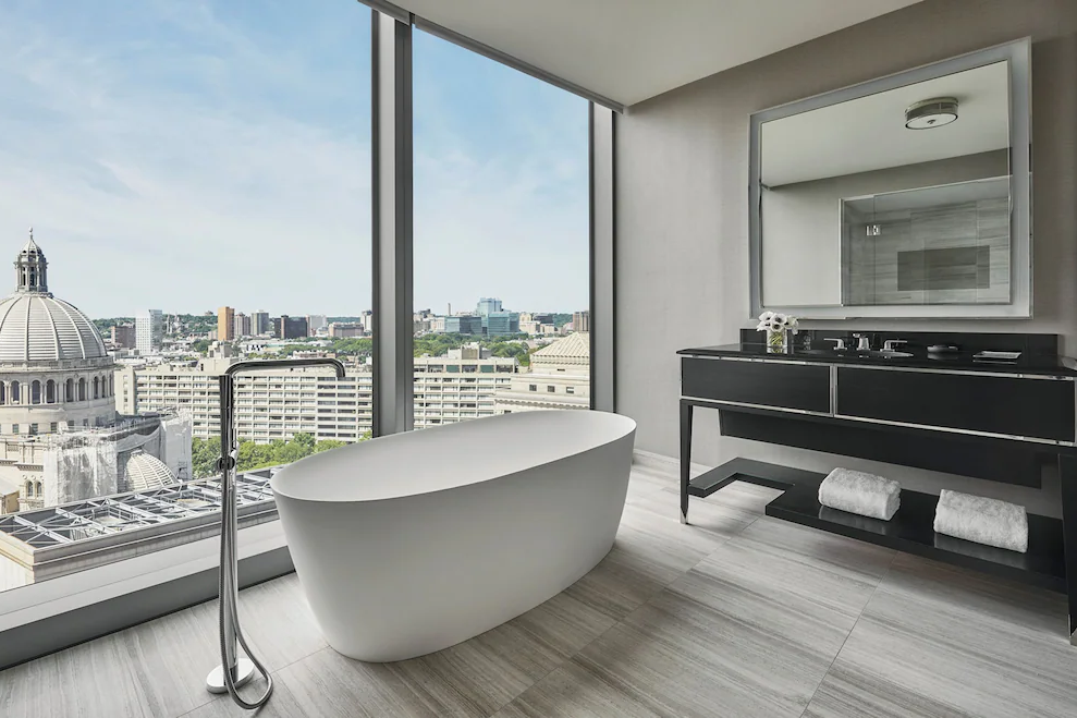Luxurious soaking tub in bathroom at Four Seasons Hotel One Dalton Street  in Boston, Massachusetts, United States