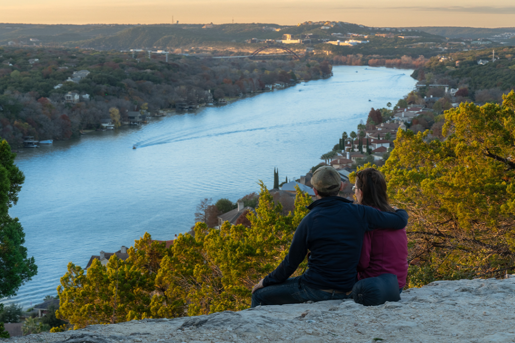 Uniddntified couple watching the Sunset at Mount Bonnell in Austin, Texas