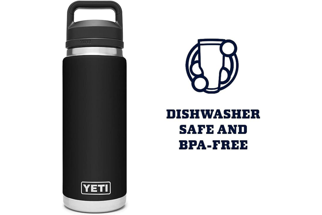YETI Rambler on white background with dishwasher safe and BPA free claim