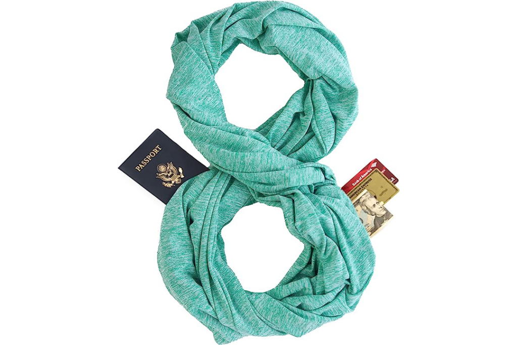 Zero Grid Infinity Scarf showing a passport, credit cards, and money can be hidden within the scarf.